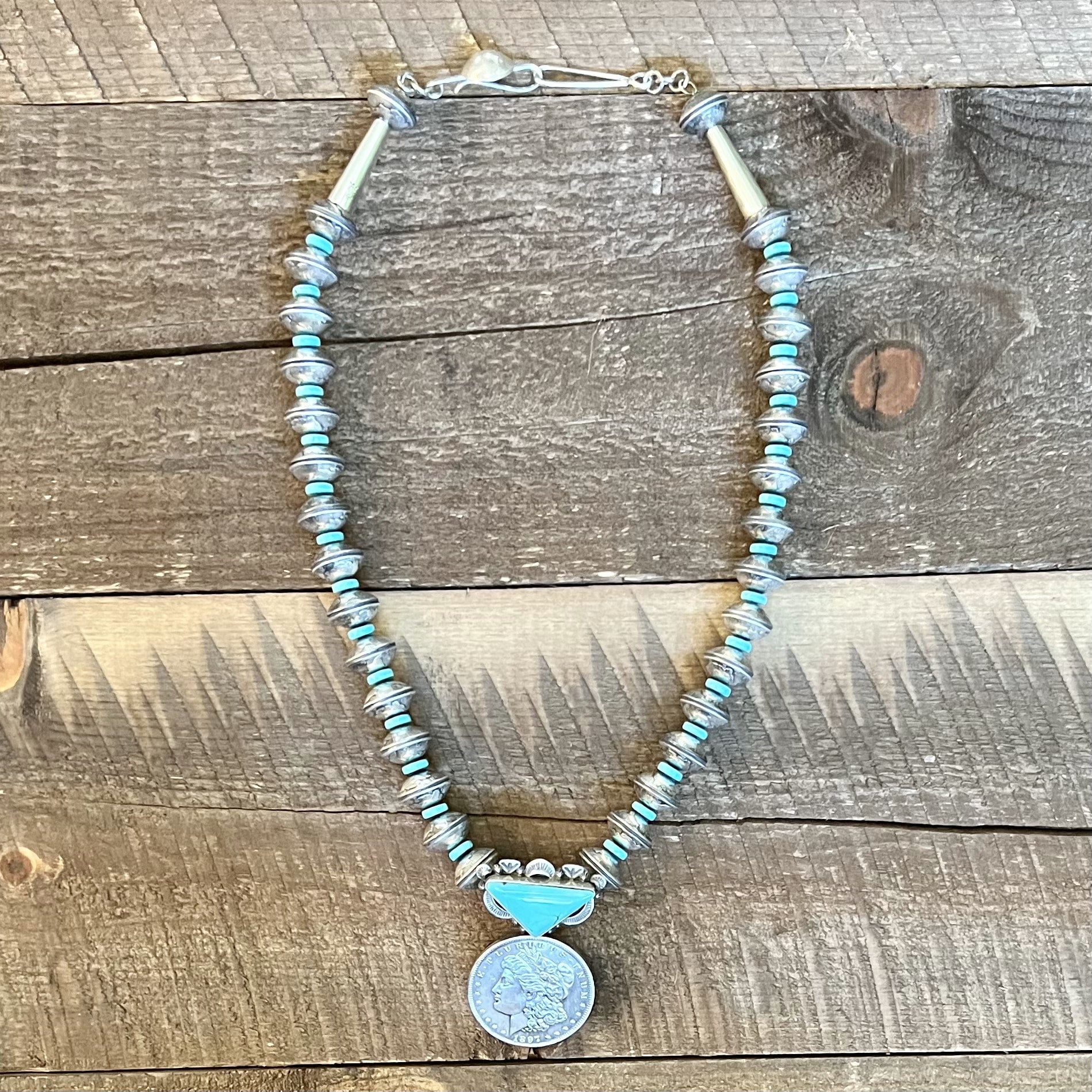 James McCabe 1897 Silver Dollar & Turquoise Necklace - Native